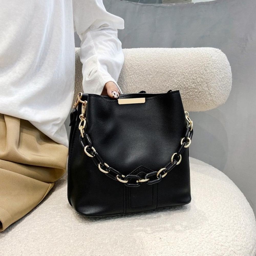 Single Shoulder PU Leather Handbag Soild Color Chain Crossbody Bag Retro Women Bucket Bag  Shopping