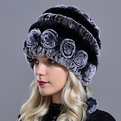 Raglaido Wintermützen für Mädchen, Damen-Pelzmütze, echtes Rex-Kaninchen, Mütze, geblümt, Strickmütze mit Kugeln, Totenköpfen, Mützen, 55–59 cm, LQ11280