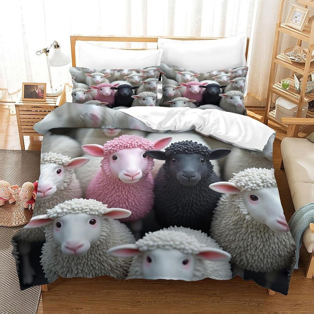 3D Print Soft Microfibre Cute Sheep Family Comforter Cover All Season Bedding Set With Pillowcases, Cartoon Duvet Cover Sets