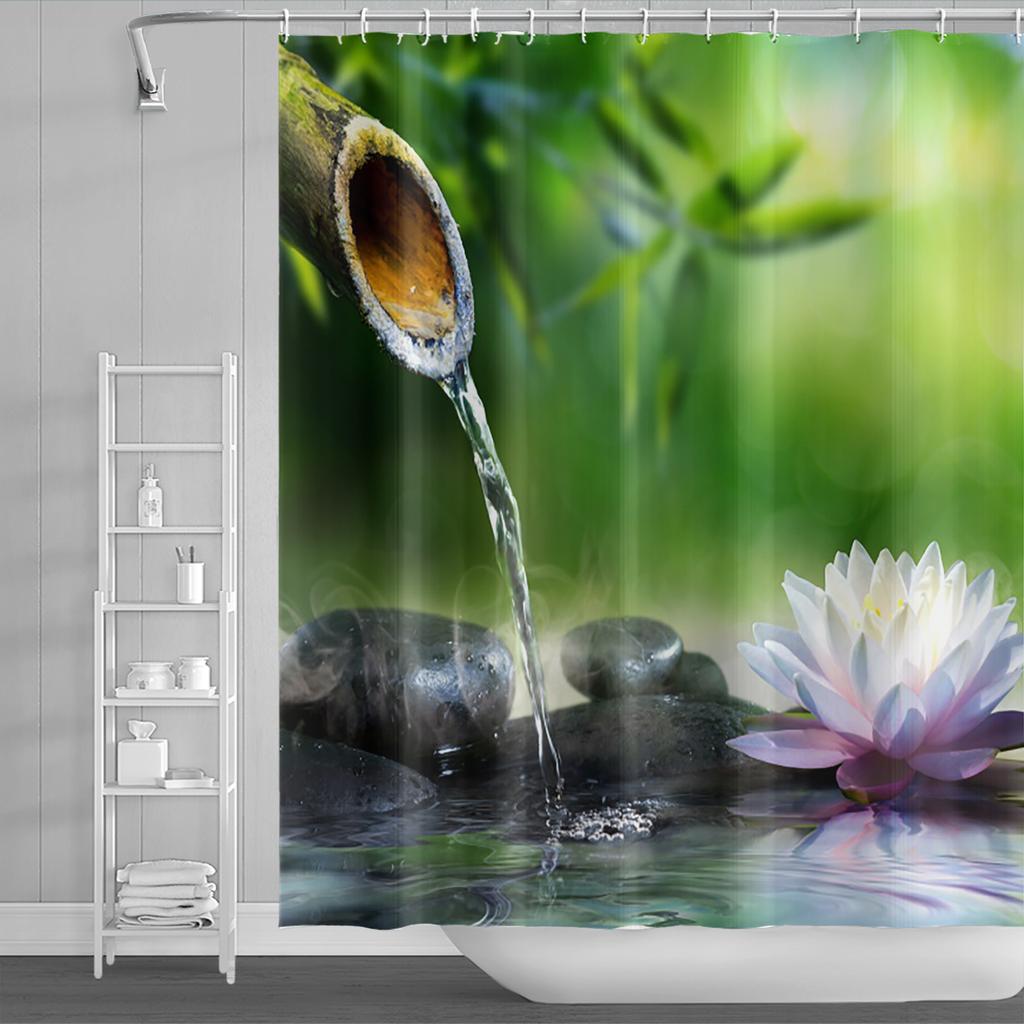 Venkovská krajina Sprchové závěsy Potok Kámen Lotos Buddha Koupelnový závěs Přírodní scenérie Vodotěsná Koupelna Domácí dekorace s háčky