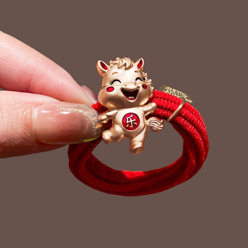 Cute Red Rope New Year Red Hair Rope 2026 Alloy Horse Year Hair Ring Bracelet Chinese Style Horse Year Rubber Band Girls