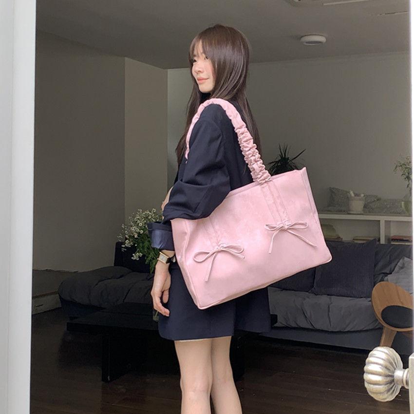 

Sweet Cute Pink Bow Tote Bag Women Large Capacity Pleated Handle Shoulder Bag Ladies Casual Versatile Crossbody Purse Chic 2025 41x27x9cm розовый