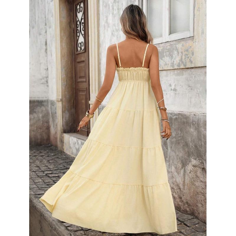 Europe, America 2026 Summer New Vacation Ruffle Edge Slim and Thin Long Suspender Dress Women