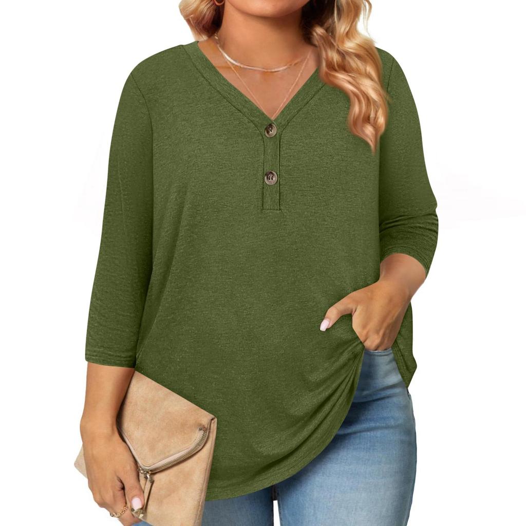 Womens 3/4 Length Sleeve Tops Plus Size Button Down V Neck Shirts Blouses Casual Solid Color Loose