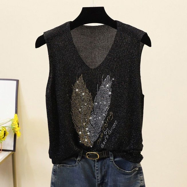 Loose Interior Plus Plus Sleeveless Ice Silk Knit Top with Rhinestones, V-neck Camisole, Women's Summer