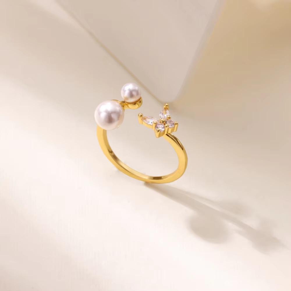 Fashion Wind Moon Butterfly Titanium Steel Ring K Gold Plated Pearl Inlaid Geometric Women's Hand Jewelry