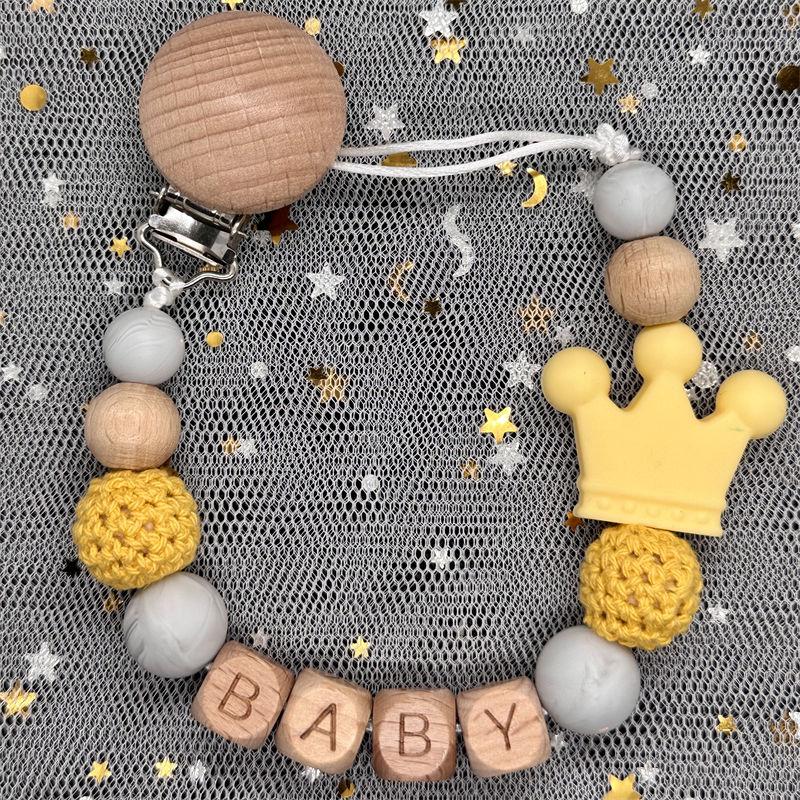 Individueller Personalisierter Name Handgefertigt Buchenholz Schnullerclip Halter Kette Silikon Krone Perle Beißring Baby Zahnen Geschenk
