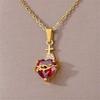 Female Crystal White Red Zircon Stone Heart Cross Pendant Necklace Vintage Gold Color Wedding Jewelry For Women