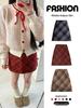Autumn 2025 Women's Red Plaid Wool A-Line Short Skirt, High Waist Slimming, Petite Fit.