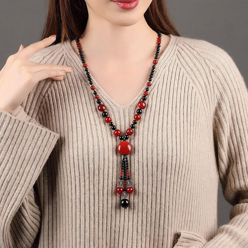 GEMCHIC Women s Ethnic Style Long Ceramic Bead Necklace Vintage Red Black Tassel Sweater Chain Handmade Pendant