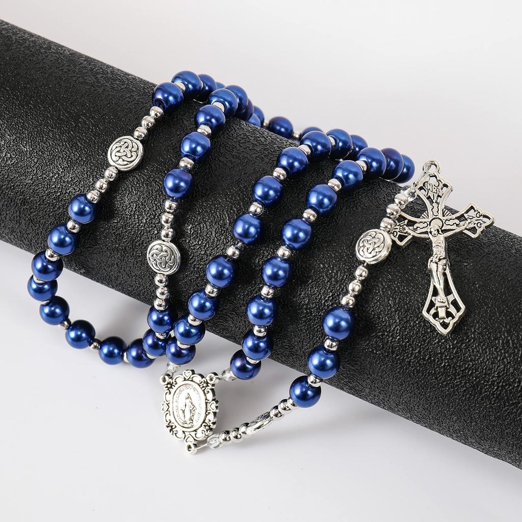 Nazareth Store Blue Pearl Beads Rosary Catholic Necklace Miraculous Medal Cross Silver Tone Rosary in Velvet Bag, 2XL, No Glass, No Gemstones
