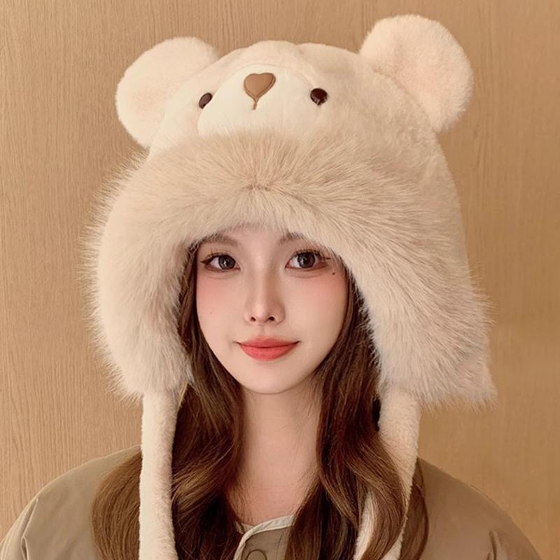 Winter Cartoon Bear Plush Hat Women Cute Warm Ear Protection All-Match Furry Lei Feng Hat