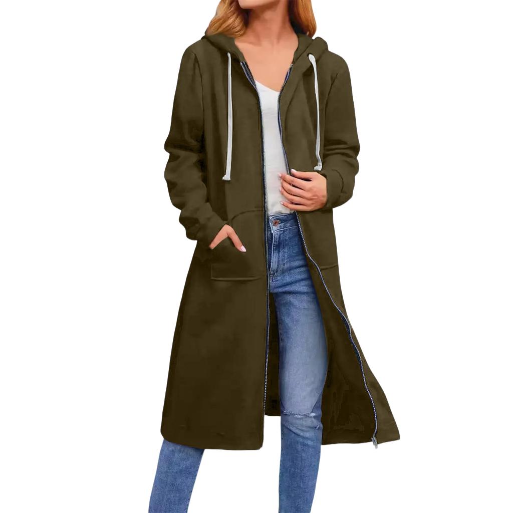 Women's Solid Color Fashionable Loose Zipper Long Cardigan Hooded Sweatshirt Jacket