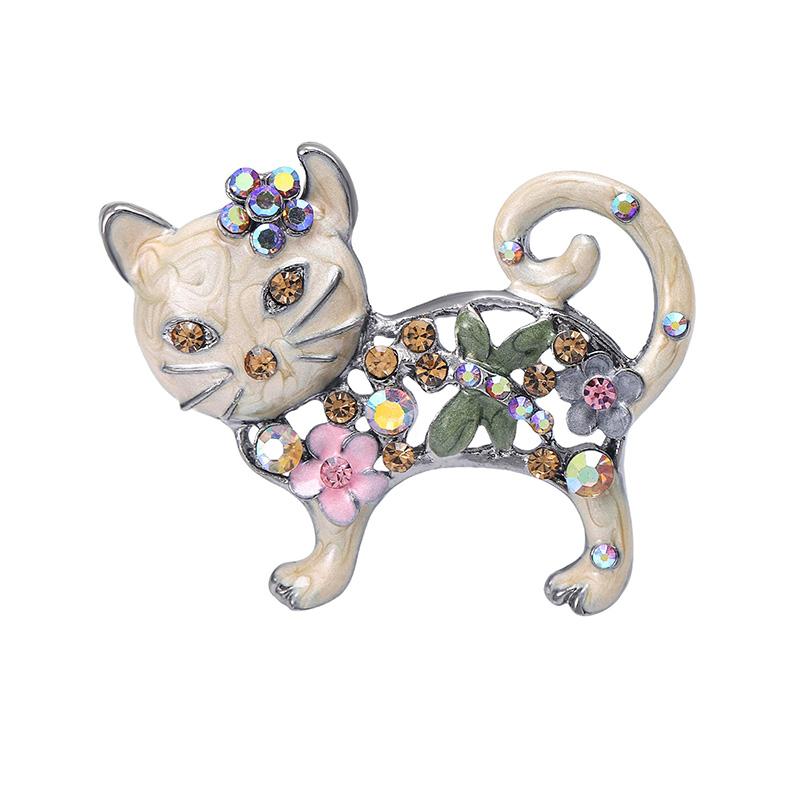 1pc Metal Women Enamel Casual Flower Animal Gifts Rhinestone Brooch Pins Cat Brooches