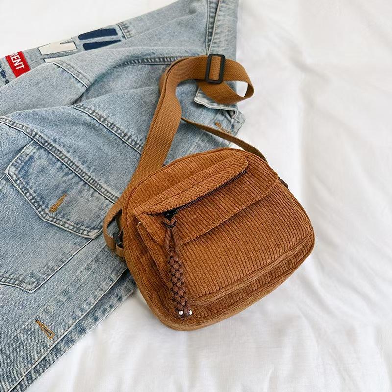 Corduroy Crossbody Bag for Women Casual Shoulder Messenger Bag Small Square Purse with Front Flap Pocket Adjustable Strap Lightweight Daily Handbag