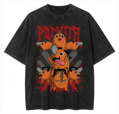 Cute Orange Cartoon Dogs with Chainsaws Graphic Print T-Shirt Mens Fashions