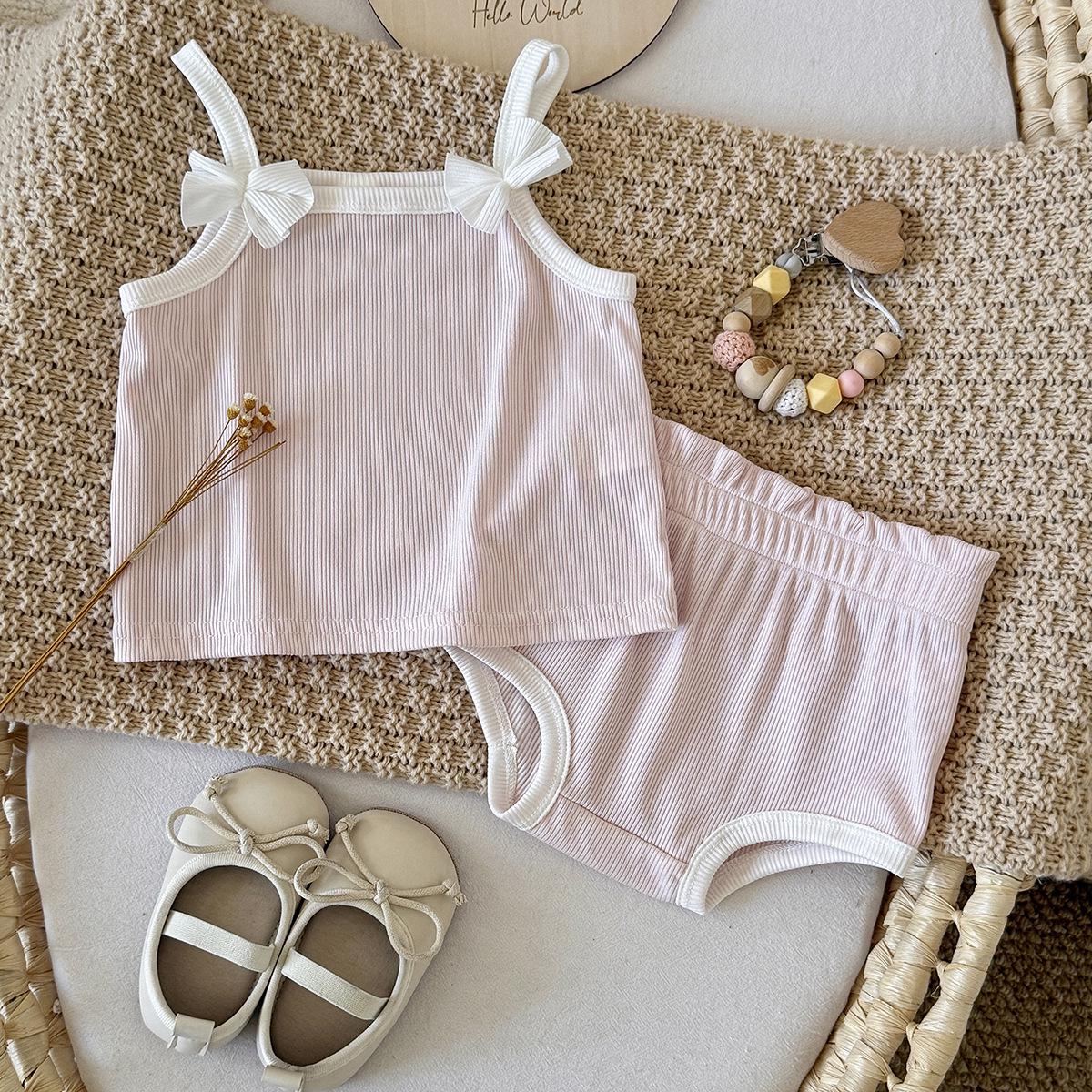 New Summer 2026 Girls Pink Striped Suspender Set: Bow Sleeveless Top & Shorts