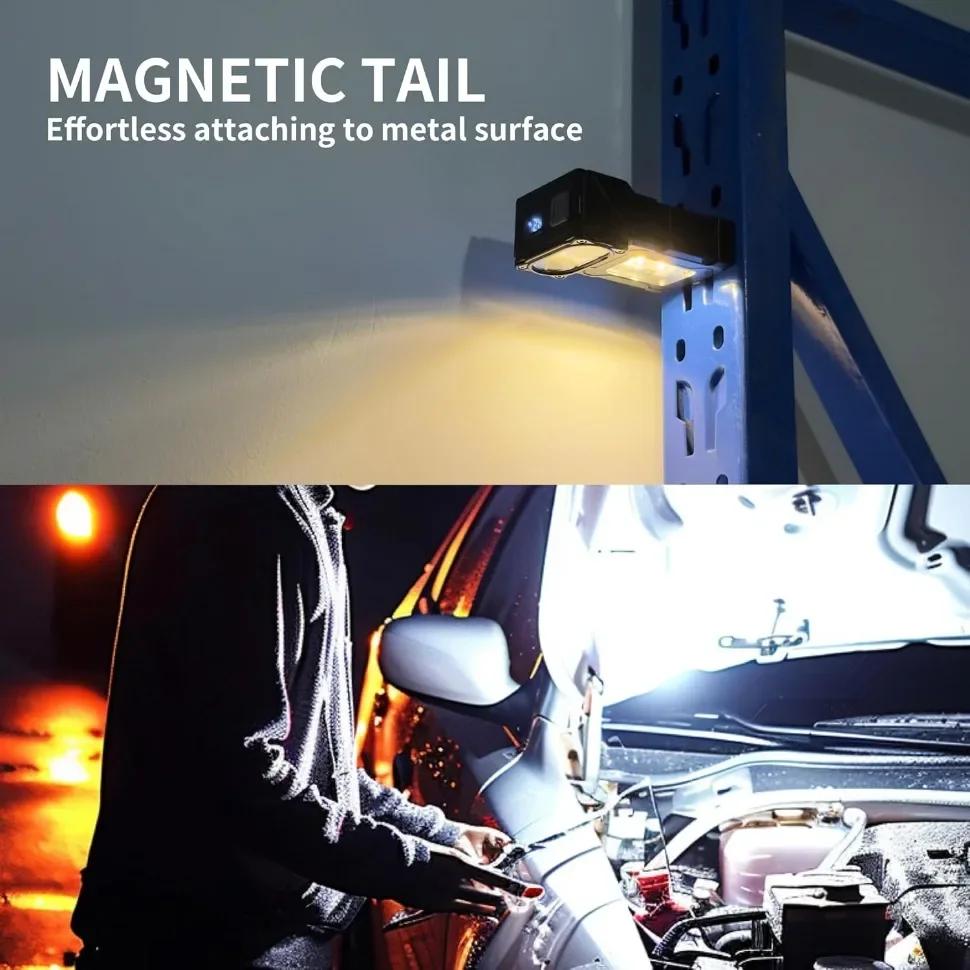 Rotatable Flashlight Magnetic Multi-Angle USB Rechargeable Mini Torch Portable LED Work Light with Cap Clip for EDC Camping Outdoor Use