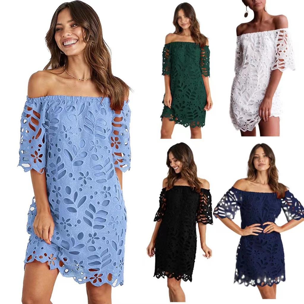 Mini Abito Estivo da Donna Scollo Bardot con Pizzo Floreale a Occhiolino Scollato Manica Corta Casual per Spiaggia Vacanza Festa