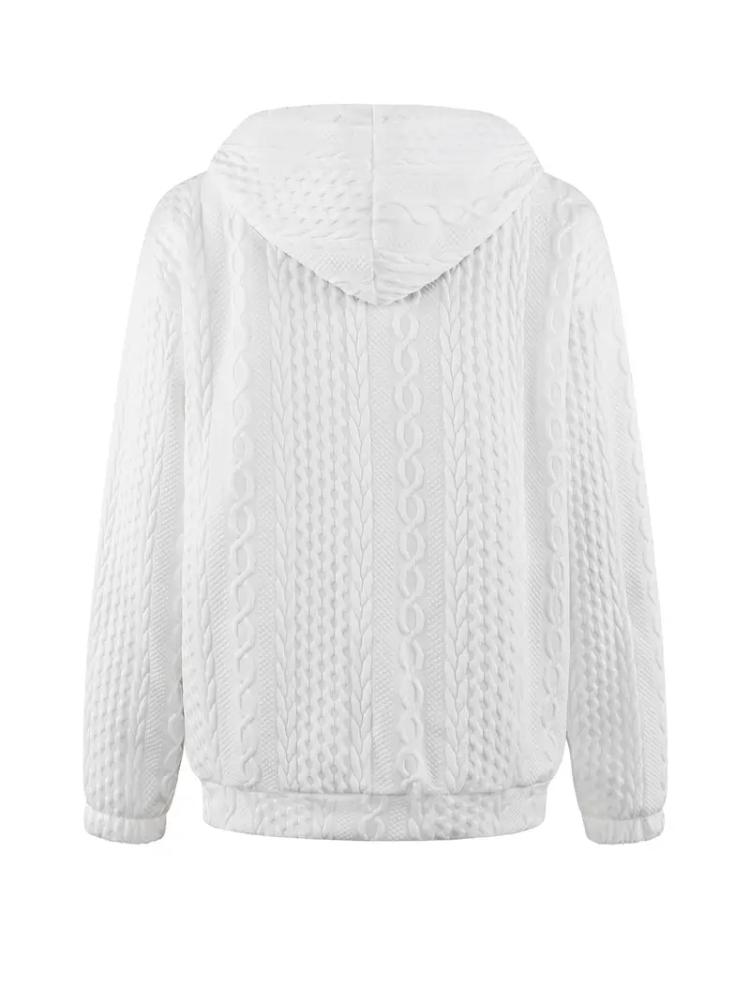 Damen Casual Kapuzensweatshirt - Weißer strukturierter Pullover mit verstellbarer Kapuze mit Kordelzug, Reißverschluss vorne und -ähnlichen Aufnähern, Sweater-Hoodie