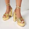 Plus Size Metallic Plaid Microfiber Material Ultra Thick Heel Peep Toe Sandals Ankle Cross Buckle Sexy Elegant High-Heeled Sanda