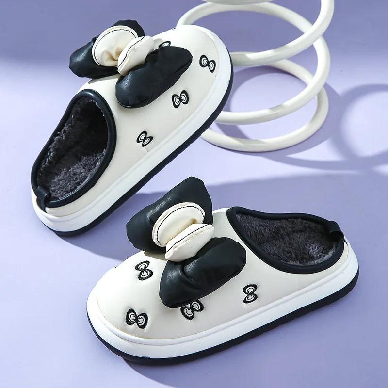 Winter Warm Plush Slippers for Women Home Warm Non-slip Thick Bottom Fluffy Slippers Bows Cotton Slippers Couple Winter Slides