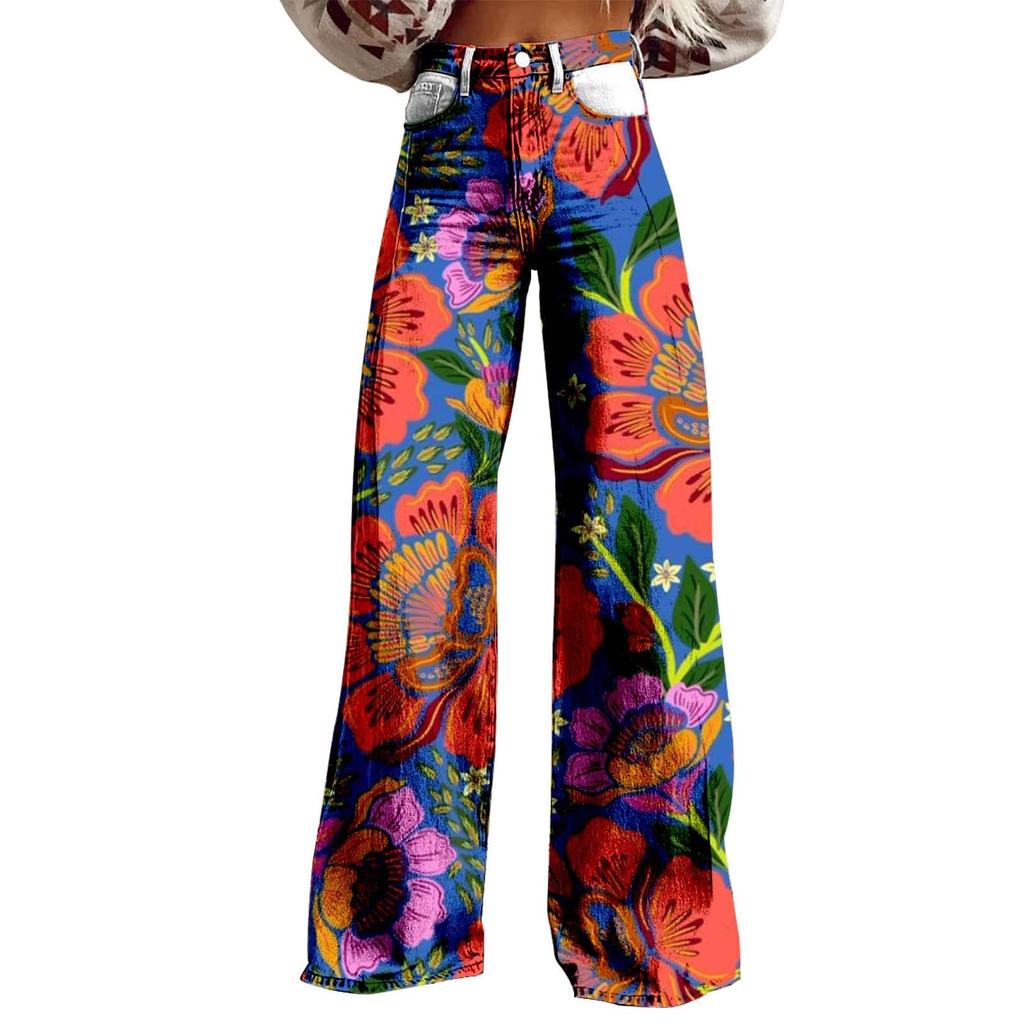 Wide Leg Flare Jeans For Women With Pockets Baggy Pants Vintage Floral Print High Waisted Loose Pant