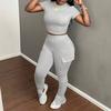 D8111 European and American Hot-selling Women's Clothing, Sexy Solid Color Round Neck Short-sleeved Trousers Pleated Bell Pants Two-piece Set