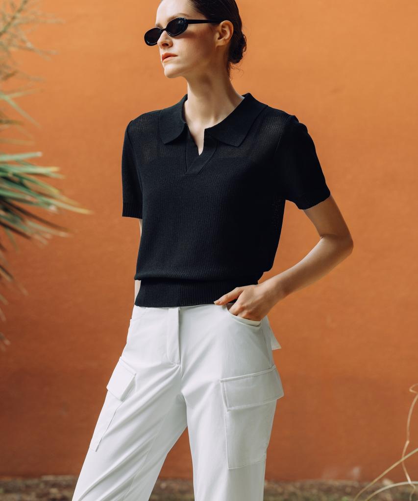 OBER GOLF Summer Open Collar Knit Top (Black)