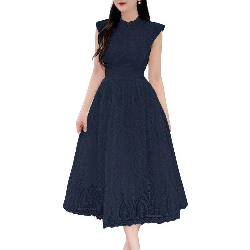 ZANZEA Women Stand Collar Summer Casual Short Sleeve Patchwork Lace Dress