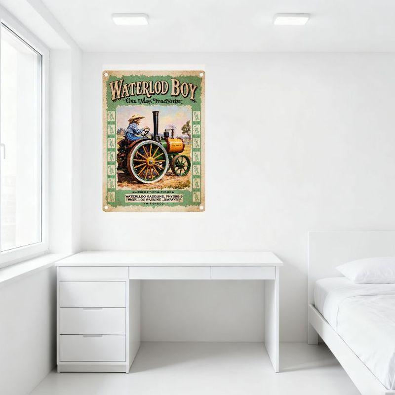 Vintage Waterloo Boy Steam Tractor Tin Sign, One Man Tractor Farm Scene Metal Poster for Bar Pub Home Wall Decor, Retro 1900s Ad