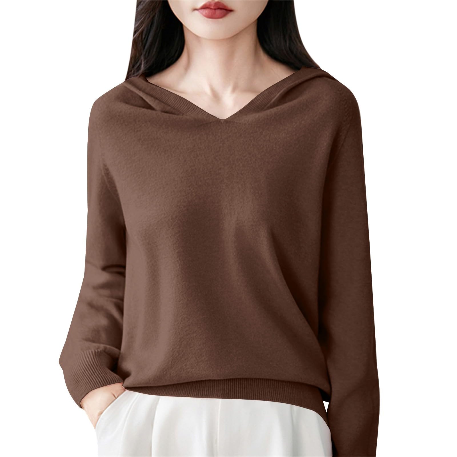 

Women s Fashion Long-Sleeved Solid-Colour V-Neck Hooded Knitted Sweater Warm Sweatshirt Knitwear M кавовий