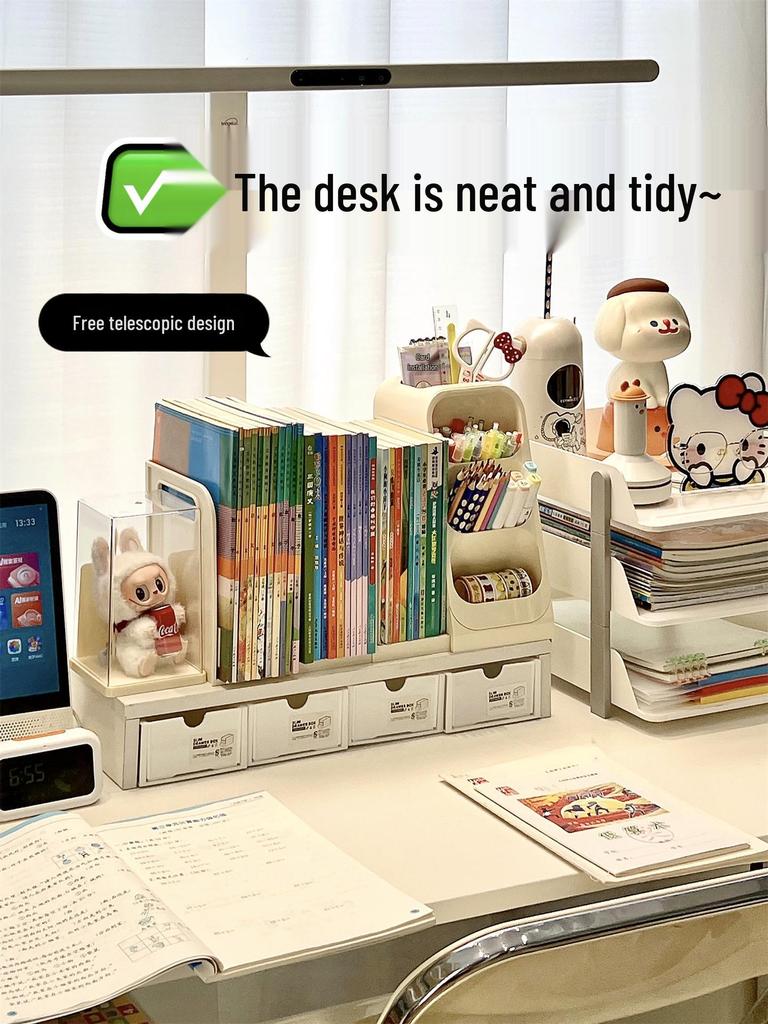 Retractable Bookends with Pen Holder and Storage Rack for Desk