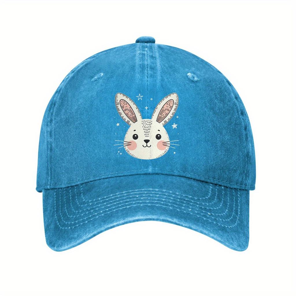 Cute Bunny Face Graphic Denim Baseball Cap Washed Casual Adjustable Cotton Dad Hat