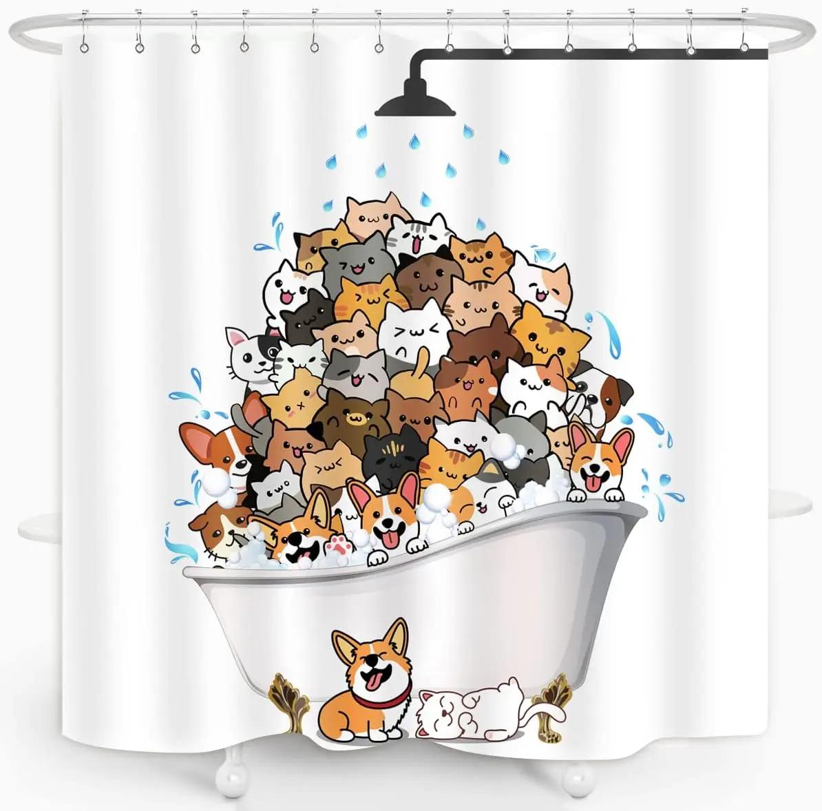 

Шторка для душа с кошками и собаками, смешной мультяшный корги, милые животные-питомцы в ванне, принимающие душ, для детей, полиэстер, пластиковые крючки 90x180cm-35x70in