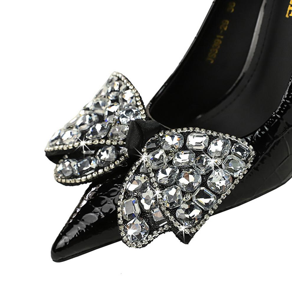 Thin Heel Stone Pattern Lacquer Skin Shallow Mouth Pointed Water Diamond Bow Tie Single Shoe High Heel