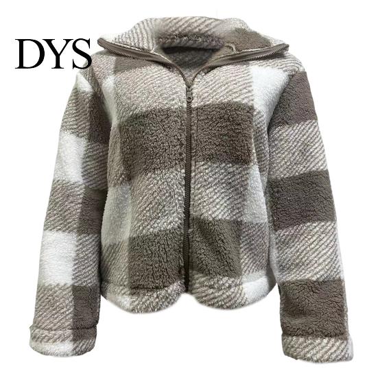 Soft Women Jacket Coat Lapel Long Sleeve Plaid Pattern Loose Fit Zipper Placket Double-Sided Plush Fabric