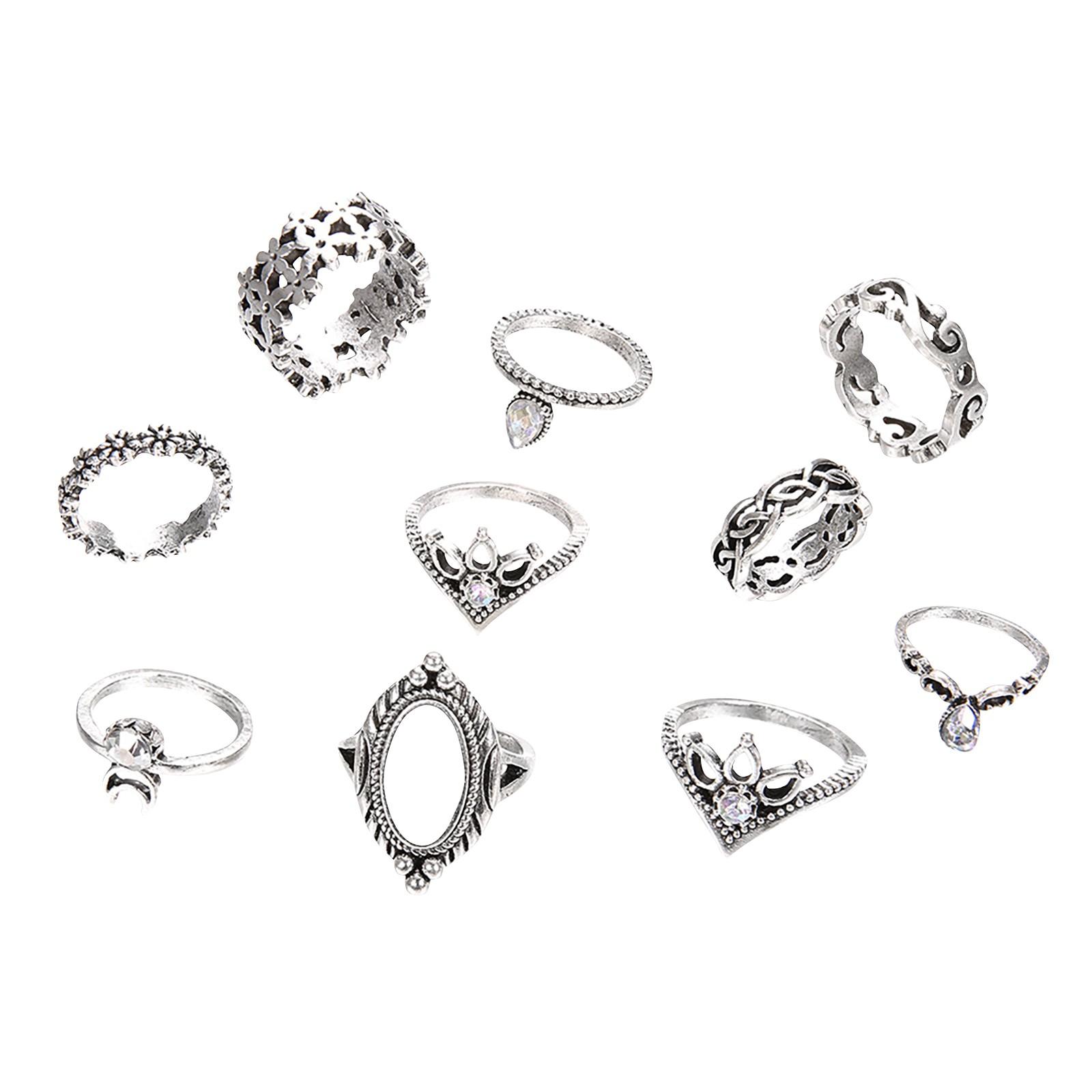 Женское кольцо Ретро металлическое кольцо Глянцевое кольцо Набор из 10 предметов Металлическое кольцо Праздничный подарок One Size