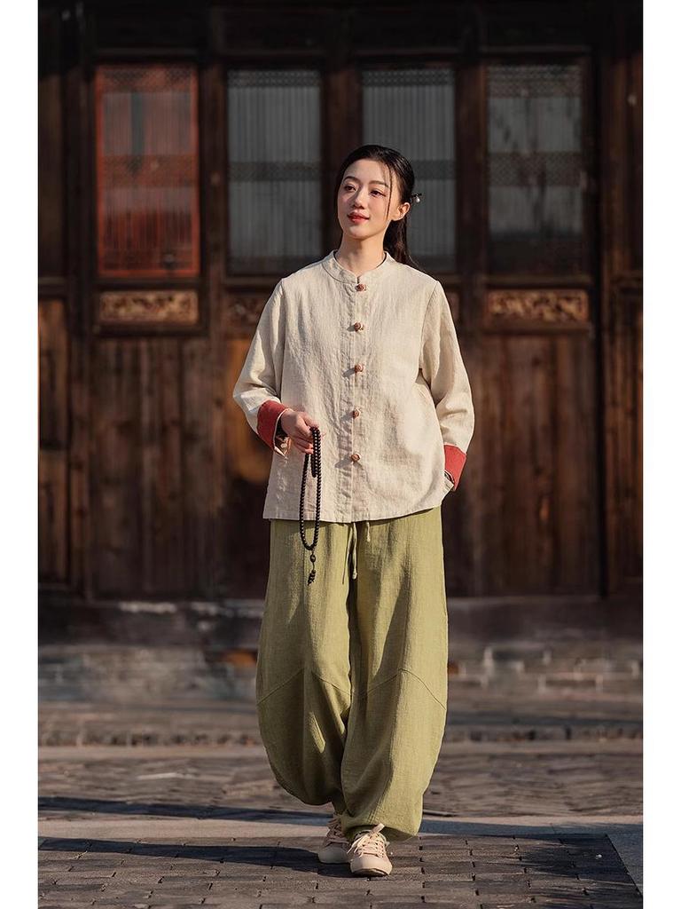 Young Women's Cotton-Linen Zen-Inspired Frog Button Cardigan for Eight Brocades Exercise