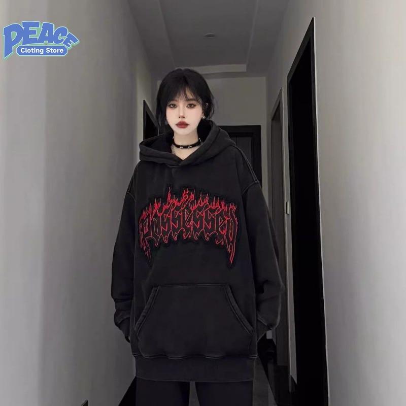 Retro Flame Letter Printed Hooded Sweatshirt for Men and Women Autumn and Winter Fashion Trend Casual Comfy Thick Top Streetwear