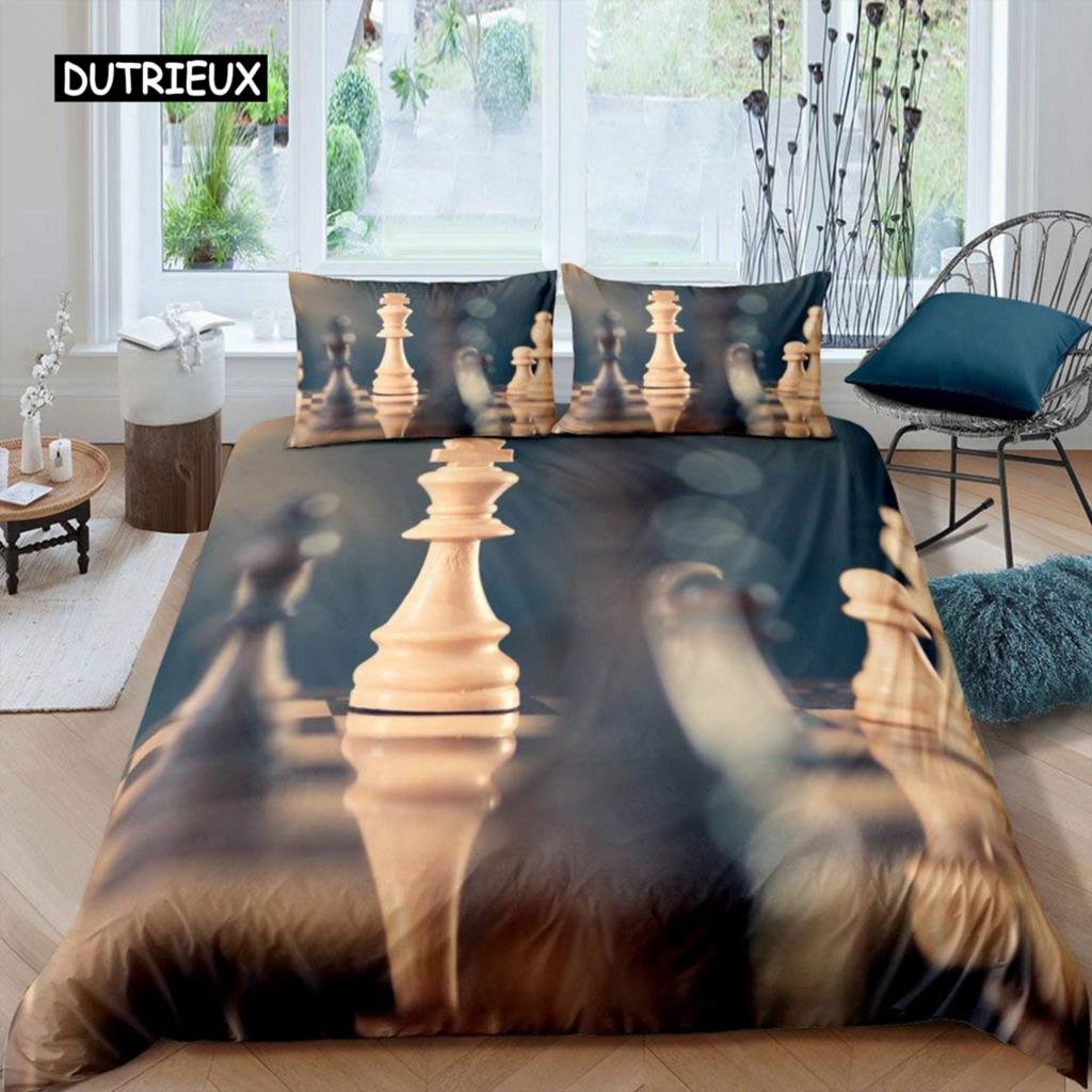 Bettbezug-Set mit internationalem Schachmotiv, Queen-Size-Bettwäscheset für Schachliebhaber, für Kinder und Erwachsene, Mikrofaser, schwarze Basis, 2/3-teiliger Bettbezug