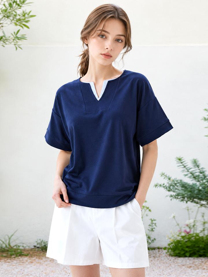 PAIGEFLYNN Striped Notch Neck T-Shirt_S6Bts006C