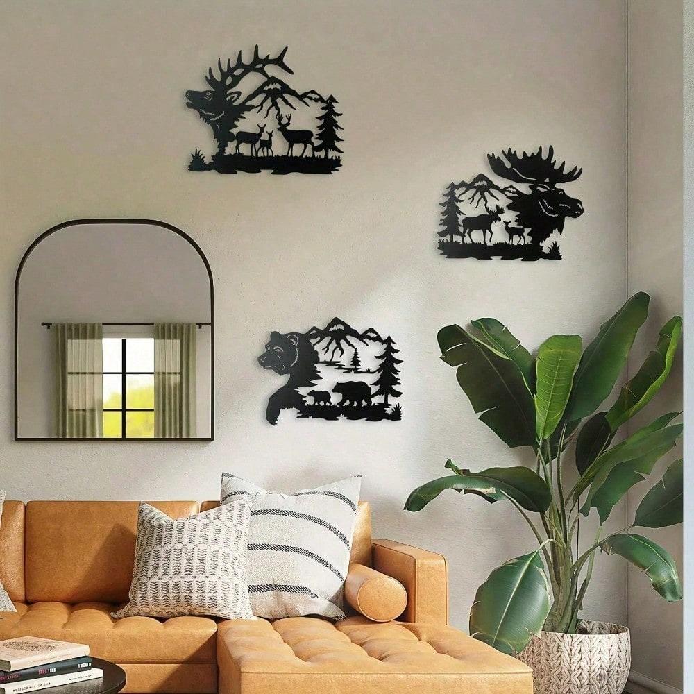 Metal Elk Bear Moose Mountain Forest Silhouette Metal Wall Art Rustic Cabin Outdoor Decor Set