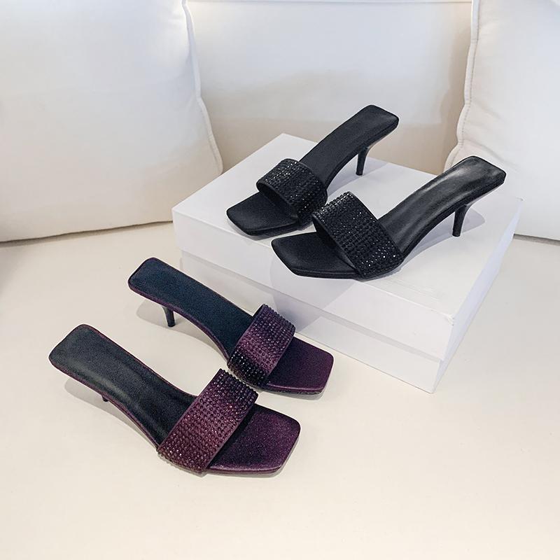Fashion Summer Rhinestone Square Head High Heel Slippers Net Celebrity Thin Strap Roman Style Sandals Purple Women's Shoes