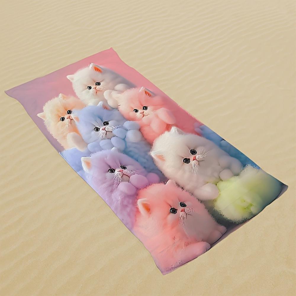 Cute Pastel Fluffy Kitten Print Beach Towel Quick Dry Microfiber Sand Free Absorbent Washable for Summer Pool Travel