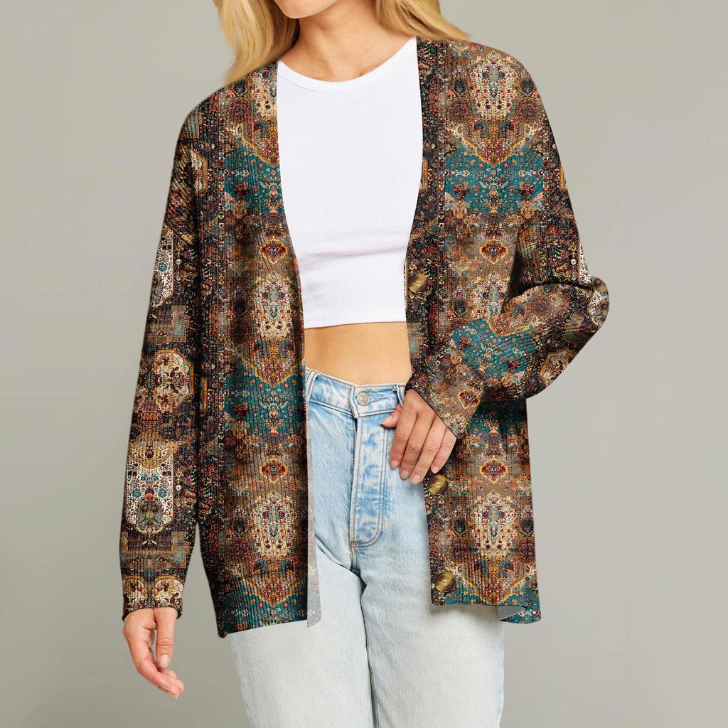 Women's Fashion Long Sleeve Christmas Print V-Neck Button Loose Cardigan Top