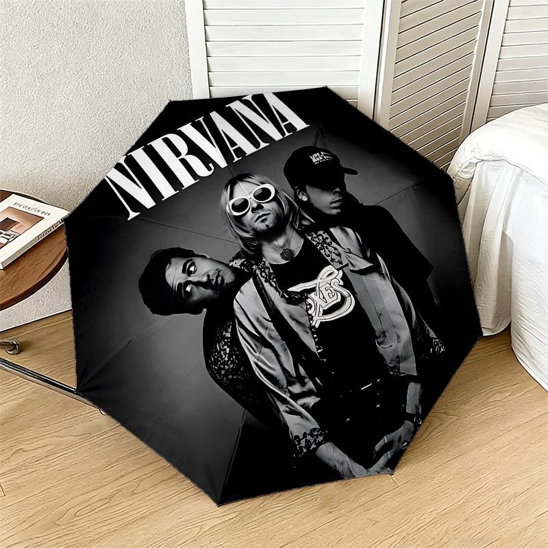 Nirvana Band 8 Ribs 3Fold Black Glue Uv Protection Umbrella Sun Protection Rainproof Compact Folding Umbrella For Travel Daily Use C92374