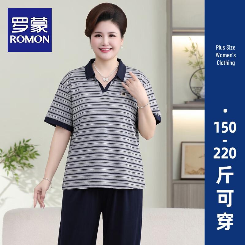 ROMON Plus Size Women s Striped Summer Short-Sleeve Two-Piece Set 3XL