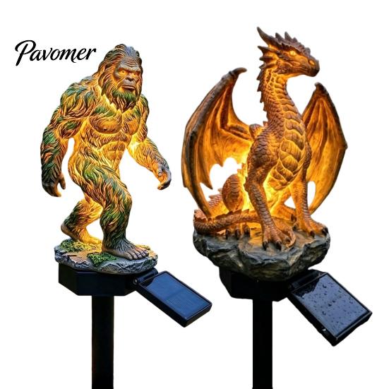 Golden Gorilla Solar Sculpture Dragon Garden Statue Light, Gothic Medieval Resin Outdoor Lantern Sculpture, Elf Light Fantasy Decor for Yard