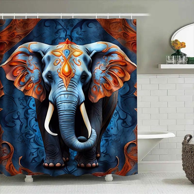 Blue Floral Elephant Shower Curtain Decorative Blue Fabric Waterproof Bath Mat Set For Home Living Room Decoration